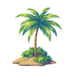 A serene illustration of a palm tree standing alone on a sandy island surrounded by lush greenery