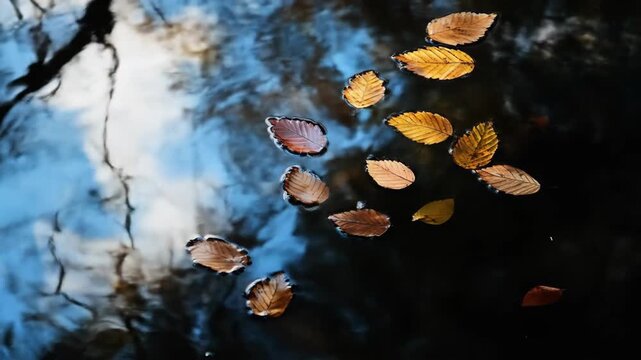 Autumn leaves floating on water surface reflecting sky sunlight