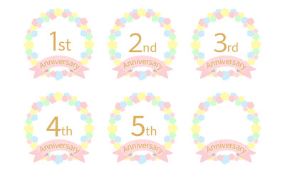 手描きのカラフルな花いっぱいの周年記念イラストセット