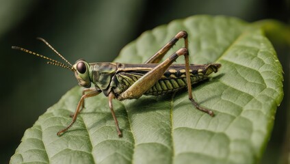 Close-up of a grasshopper resting on a green leaf in natural habitat.