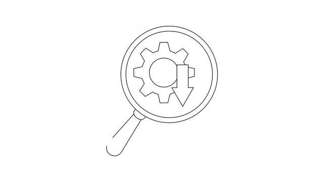 A magnifying glass reveals a gear with a descending arrow inside