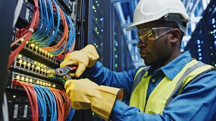 Technician working with server cables in data center