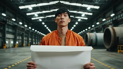 Worker holds blueprint in industrial warehouse setting