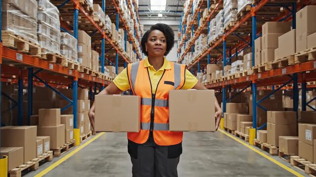 Worker holding boxes in warehouse storage rows