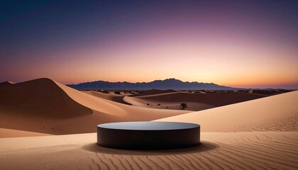Minimal podium in a desert, dark environment, gradient sky, for product presentation with copy space