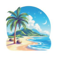 A serene beach scene at dusk with a palm tree standing tall on the shore