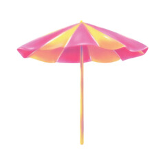 A vibrant beach umbrella stands alone on a sunny day, viewed from directly above, showcasing its colorful gradient design.