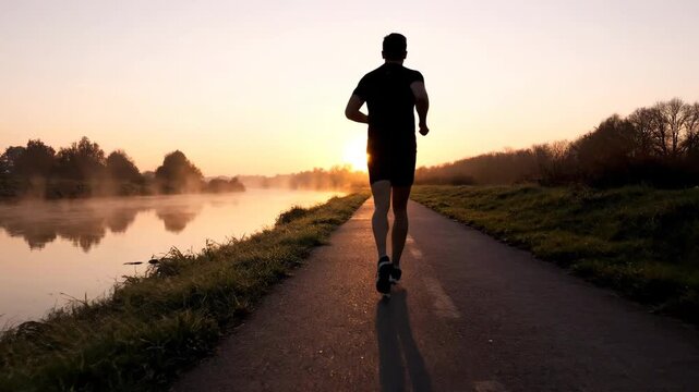 Running Along a River Path at Sunrise for Relaxed Fitness and Outdoor Training