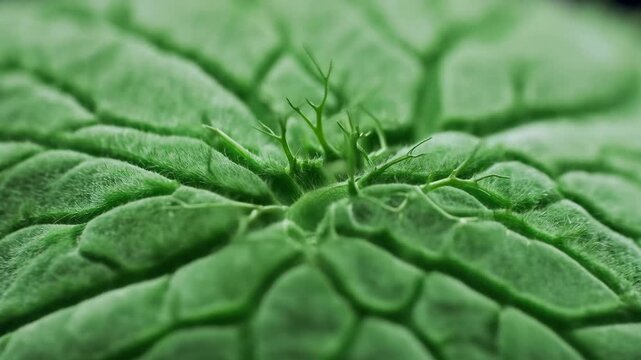Closeup of a vibrant green leaf with intricate veins and texture visible