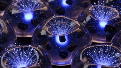 Spectacular Abstract Biomorphic Agar Composition Glowing with Blue and Purple Bioluminescence, Embedded Glass Fibers, Obsidian, and Futuristic Cellular Energy Icons