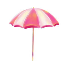 A vibrant pink and yellow umbrella standing upright against a clean white background, showcasing its colorful design and sturdy handle