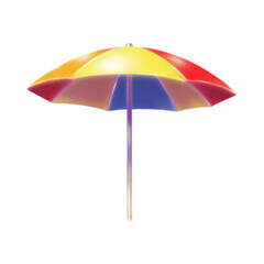 A vibrant multicolored beach umbrella stands alone against a plain white background viewed from directly above
