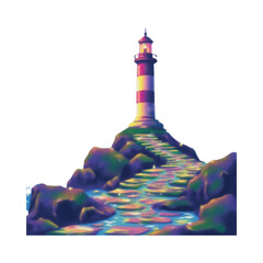 A vibrant illustration of a lighthouse standing on a rocky coastline with a winding path