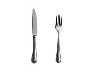 A stainless steel knife and fork set on a solid black background
