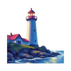 A serene coastal scene featuring a lighthouse standing tall on a rocky shoreline near a small house, captured from a distance
