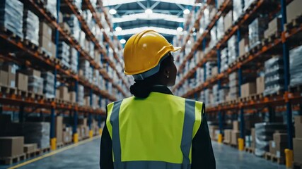 Worker in high visibility vest and hard hat walks through warehouse aisles