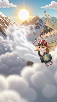 A hamster drives a little go-kart and glides over fluffy white clouds.