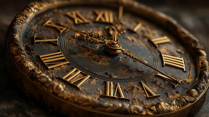 A close-up of an old, rusty clock with Roman numerals and a vintage design