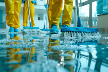 Cleaning team with mops and brushes doing their job.