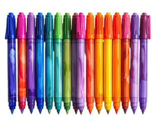 A vibrant row of assorted, colorful markers, displayed vertically with their tips at the bottom