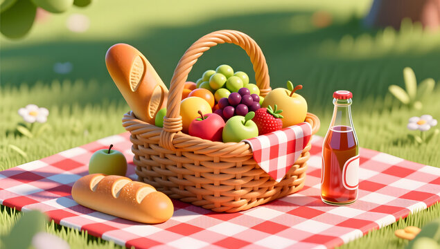Outdoor picnic basket with fruits and treats