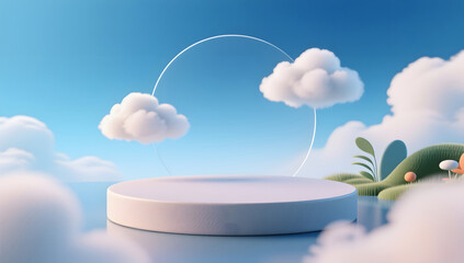Creative round platform with floating clouds