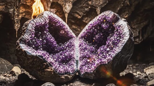 A magnificent amethyst geode split open to reveal its dazzling sparkling purple crystalline interior, illuminated within a dark cave setting.