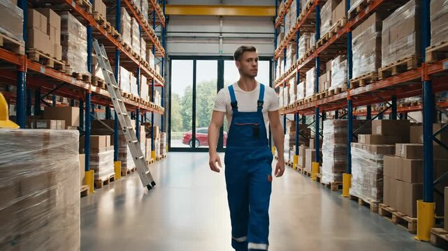 Worker in warehouse aisle with rows of shelving and boxes