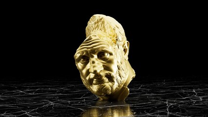 Golden [Fragmented Head / Anatomical Figure] Statue on Black Marble - Luxury 3D Illustration