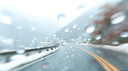 Dramatic wide angle photo of a snowstorm impacting a landscape with blurred highway traffic and heavy rainfall, showcasing nature's overwhelming power