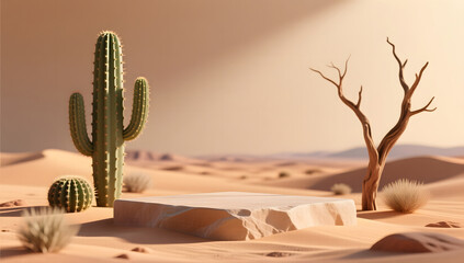 Sandstone platform with desert plant scenery
