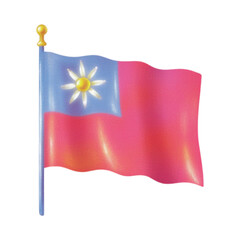 A flag with a blue and pink design waving in the wind on a white background