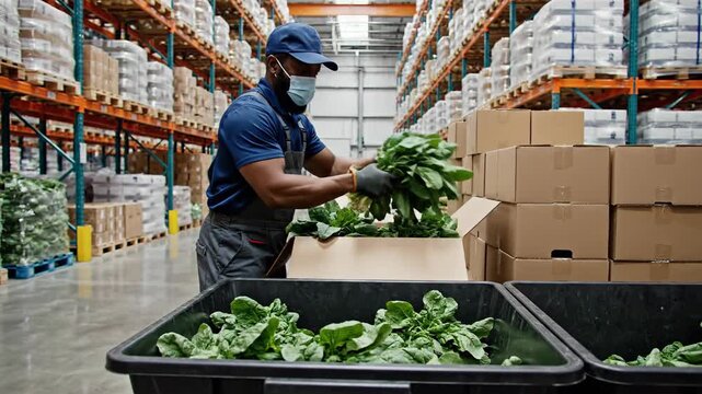 Worker in warehouse sorting fresh produce for distribution