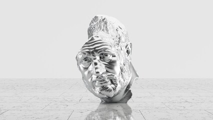 Silver Chrome Fragmented Head Statue on White Background - AI Concept 3D Render
