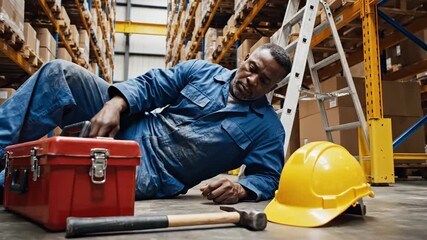 Worker injured lying on floor in warehouse with tools and safety helmet
