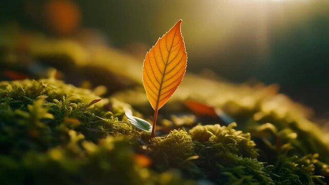Macro view of vibrant orange leaf emerging from moss covered forest floor with soft sunlight filtering through natural woodland background