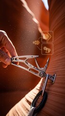 Elegant Macro Photo: Hand Adjusting Climbing Gear with Titanium Multi-Tool in Red Sandstone Canyon, with Holographic Torque and Gear Icons