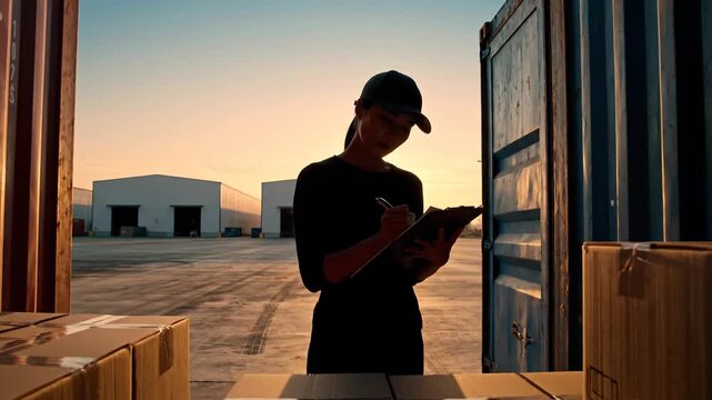 Worker inspecting cargo container packages with tablet at sunrise