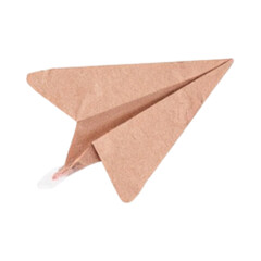 A paper airplane is flying through the air, viewed from the side, against a white background