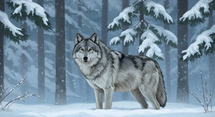 A gray wolf stands in a snowy forest with snowcovered branches above and a few bare twigs visible in the foreground