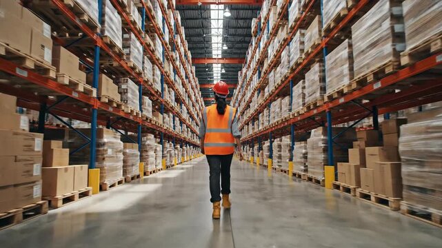 Worker inspecting cargo in vast warehouse rows