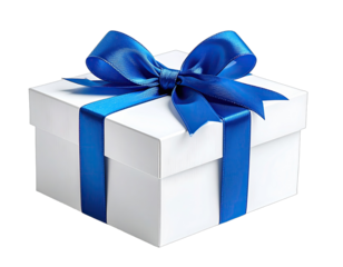 A square white gift box tied with a vibrant blue satin ribbon and bow, on a black background