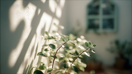 Sunlit Foliage and Shadow Play - A Serene Indoor Scene with Window.