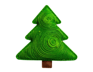 Close-up of a handmade green textile Christmas tree with a brown base on black background