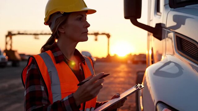 Worker inspecting document near truck at sunset