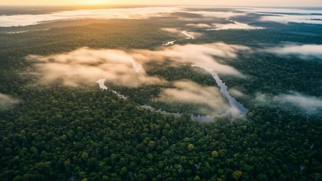 A dense green rainforest with a winding river cutting through it patches of fog and a light source on the horizon