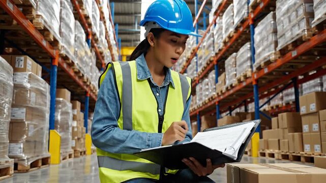 Worker inspecting documents in warehouse logistics and supply chain