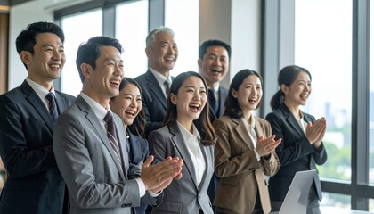 Obraz premium Diverse group of Asian business professionals applauding and smiling in a modern office setting.