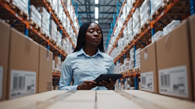 Worker inspecting inventory in a large warehouse using a digital tablet