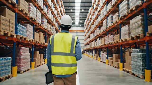 Worker inspecting inventory in modern warehouse with high shelving and boxes